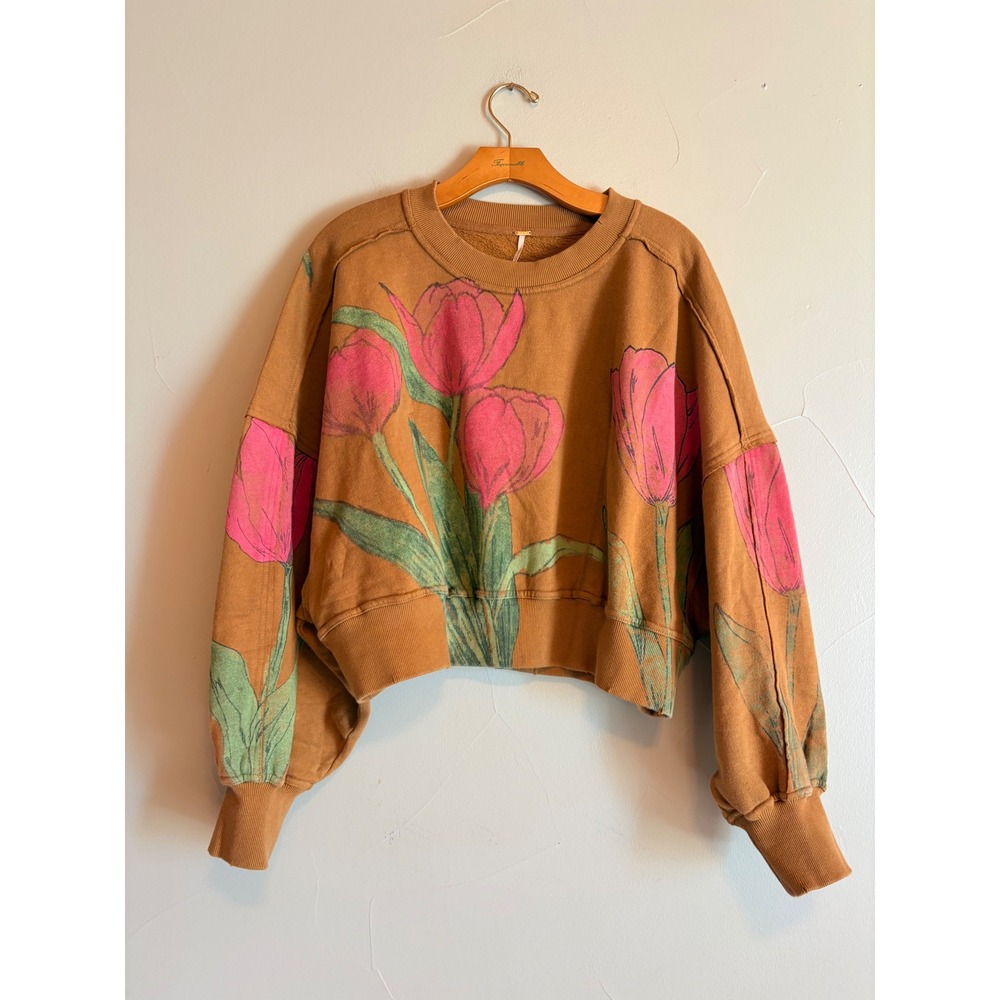 Free People Tulip Dreams Cropped Slub Sweatshirt Brown Pink XS Distressed NWOT